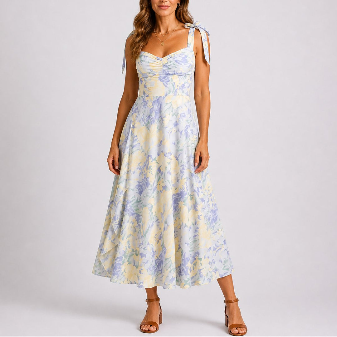 Wedding Guest Dress for Women | Ruched Tie-Shoulder Floral Midi