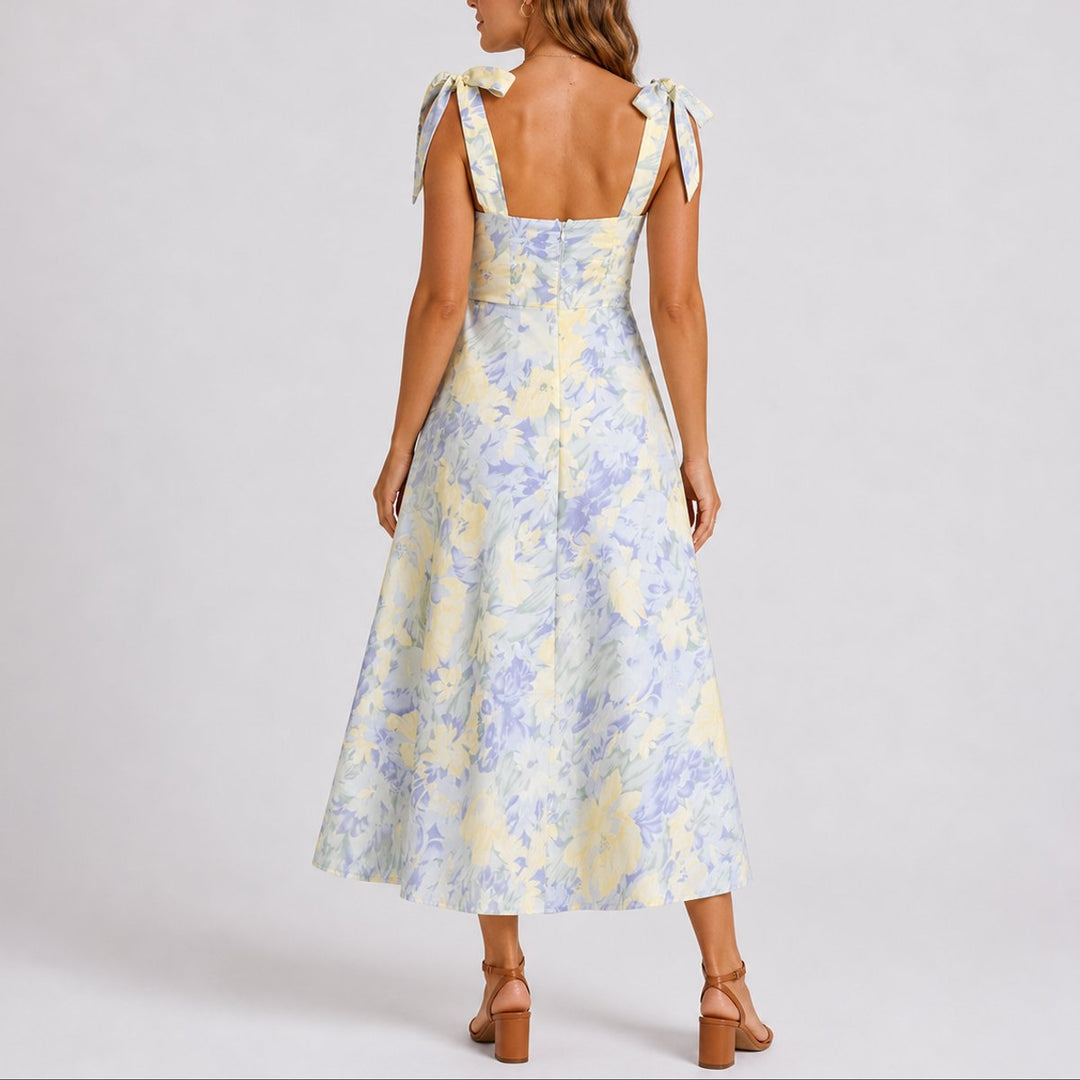 Wedding Guest Dress for Women | Ruched Tie-Shoulder Floral Midi