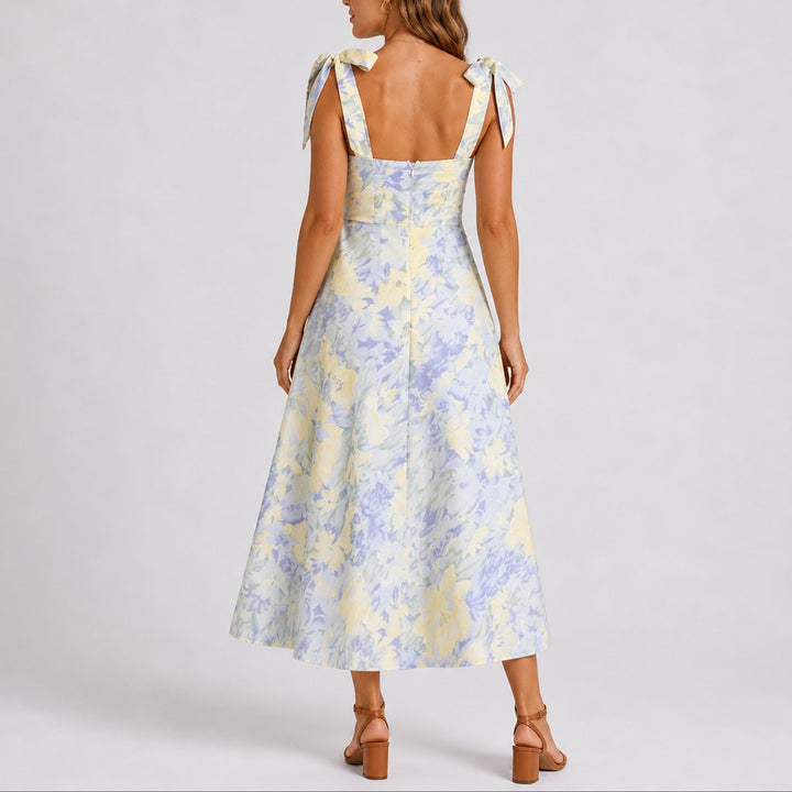 Wedding Guest Dress for Women | Ruched Tie-Shoulder Floral Midi