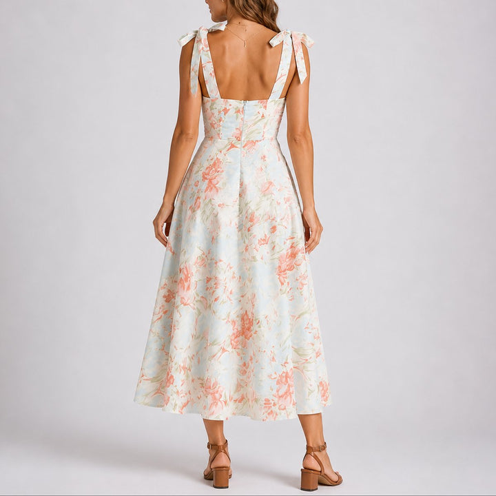 Wedding Guest Dress for Women | Ruched Tie-Shoulder Floral Midi
