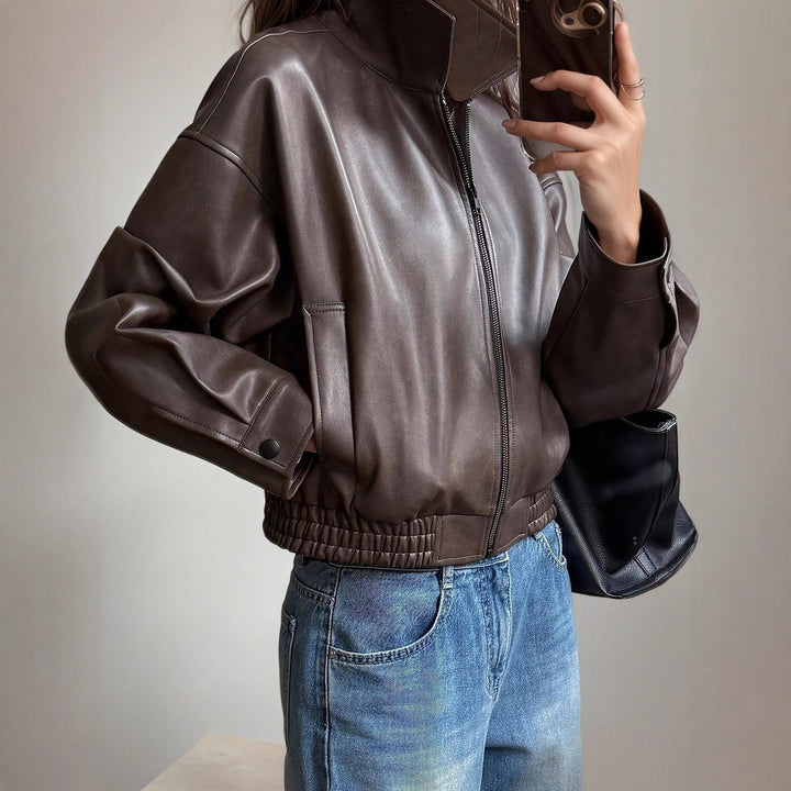 Leather Bomber Jacket for Women | Zip-Up Sleeve