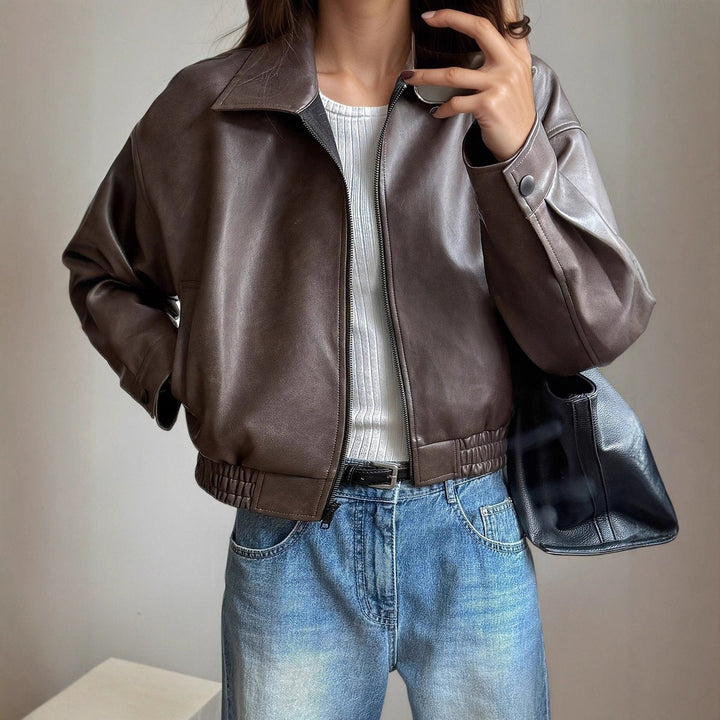 Leather Bomber Jacket for Women | Zip-Up Sleeve