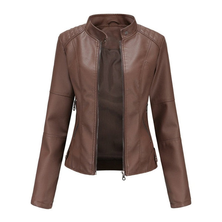 Eleanor | Faux Leather Jacket Stand Collar Zip-Up Moto Jacket