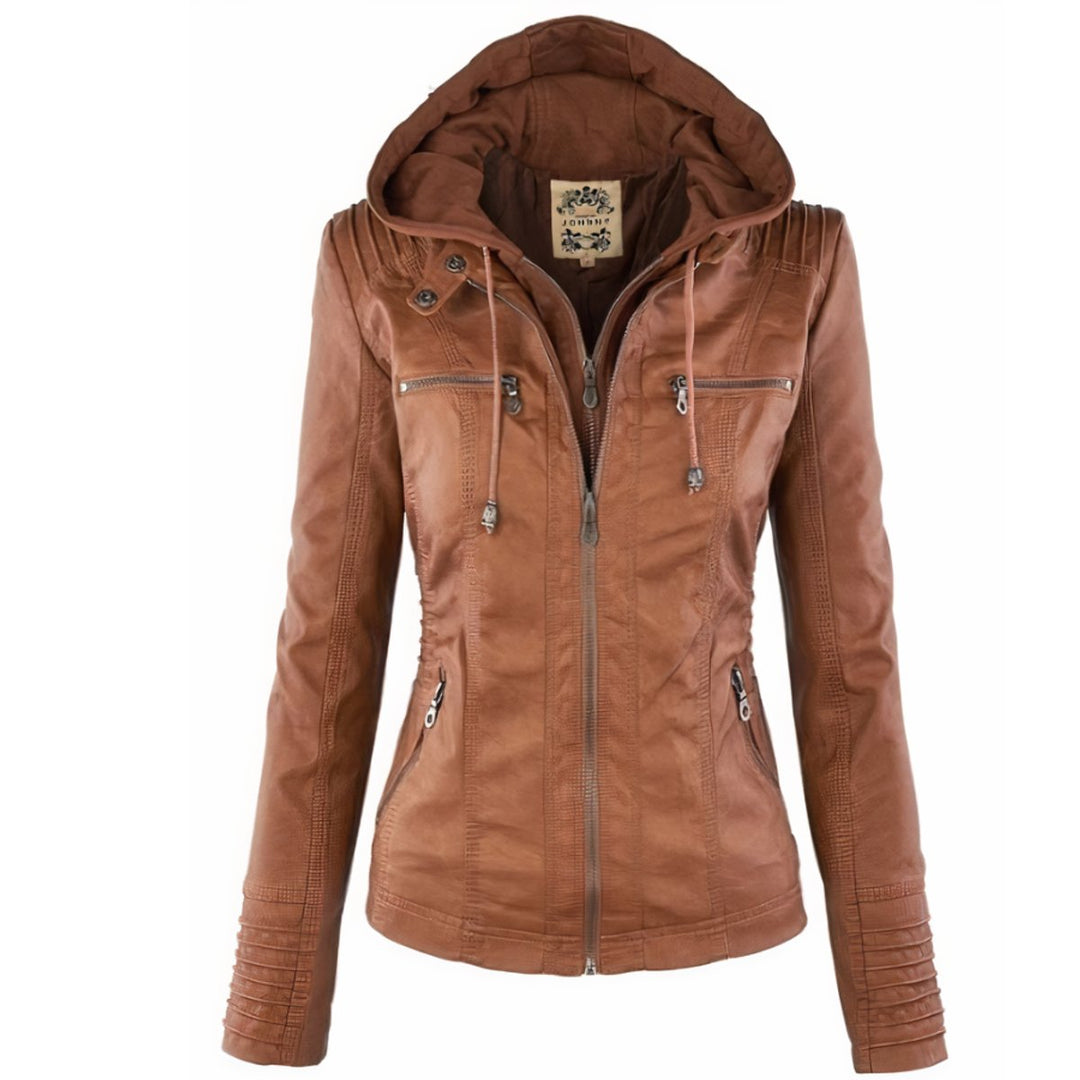 Olivia | Hooded Moto Faux Leather with Removable Hood Jacket