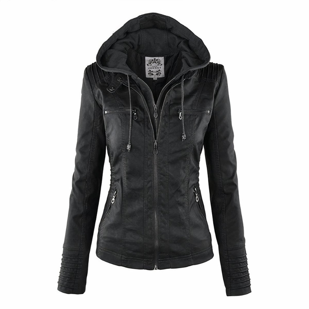 Olivia | Hooded Moto Faux Leather with Removable Hood Jacket