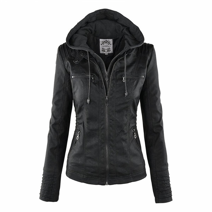 Olivia | Hooded Moto Faux Leather with Removable Hood Jacket
