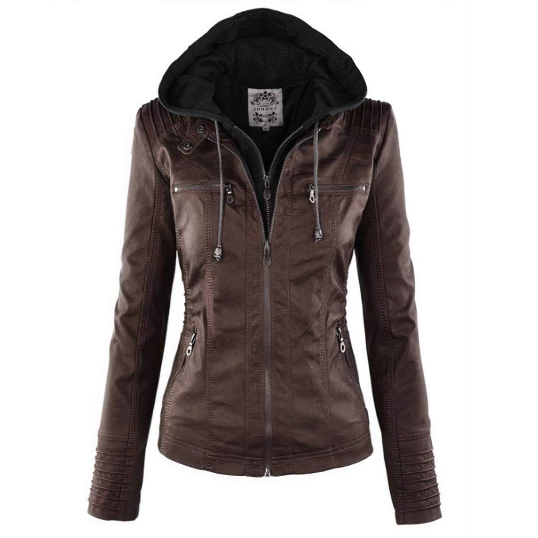 Olivia | Hooded Moto Faux Leather with Removable Hood Jacket