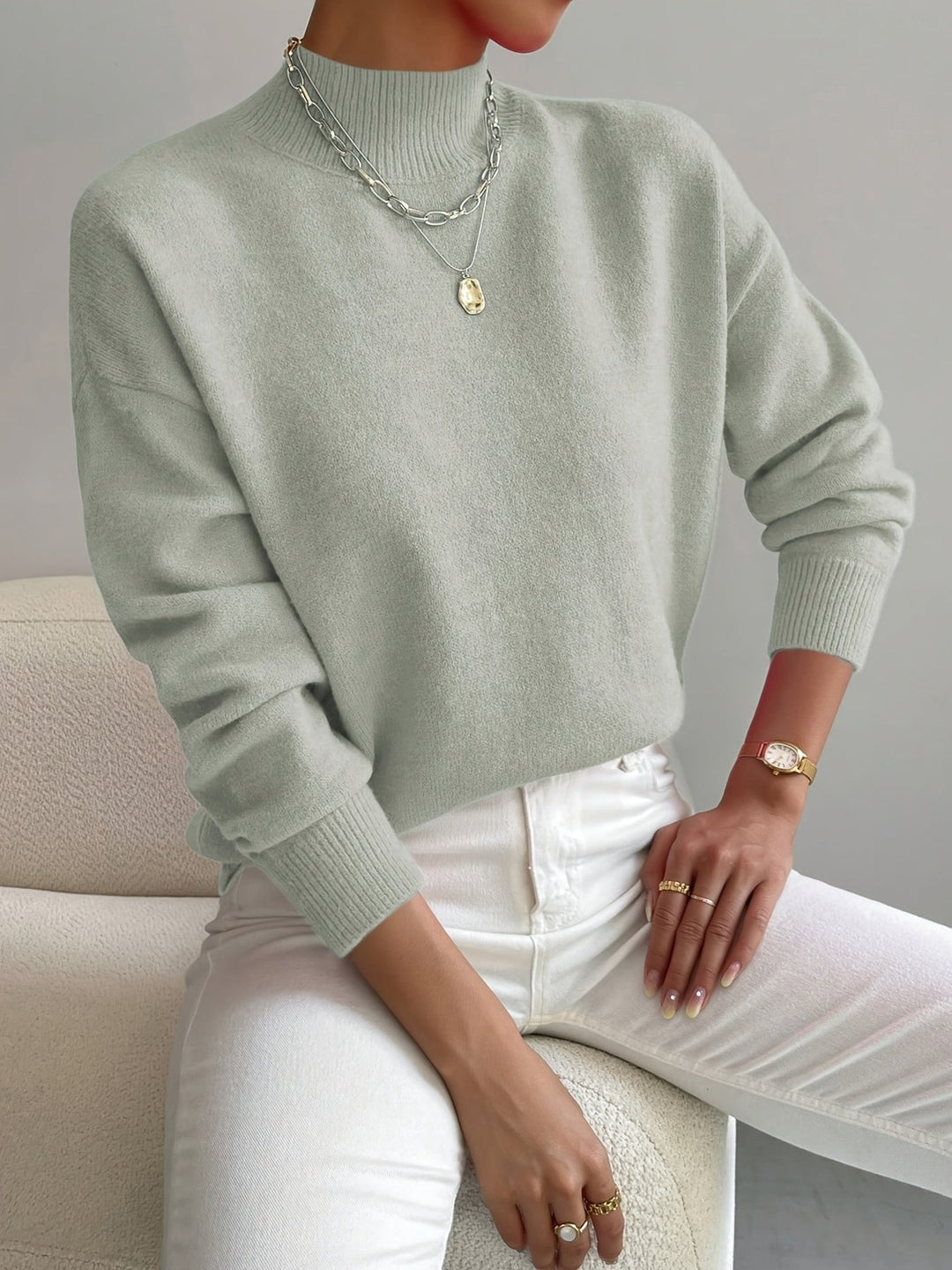 Mock Turtleneck Ribbed Cuffs Collar Sweater