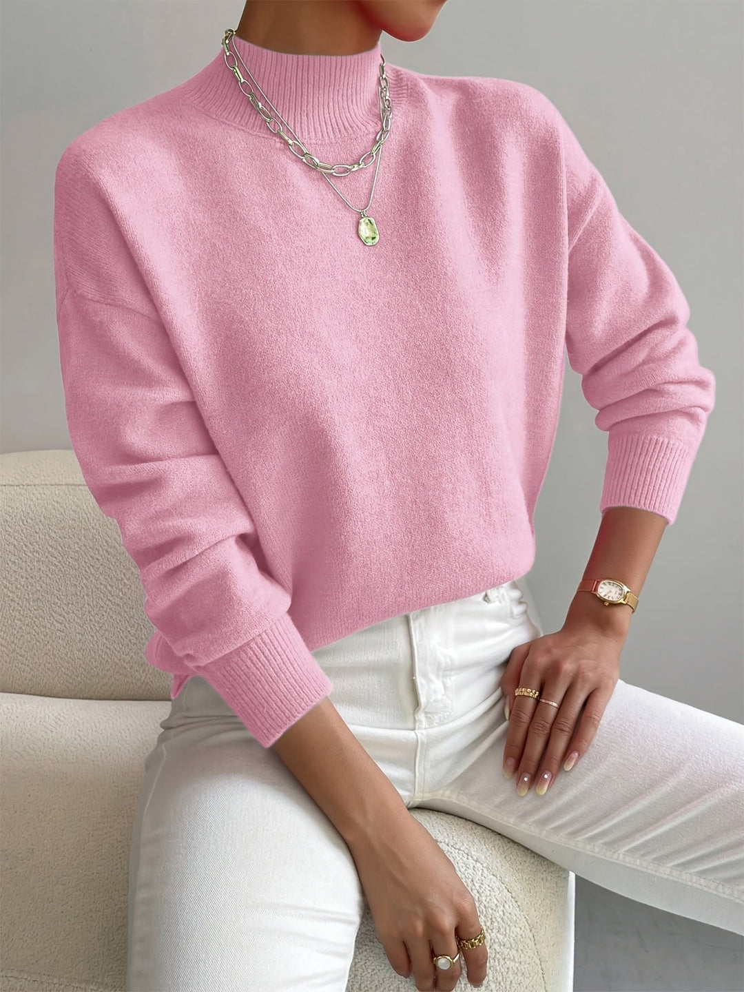 Mock Turtleneck Ribbed Cuffs Collar Sweater