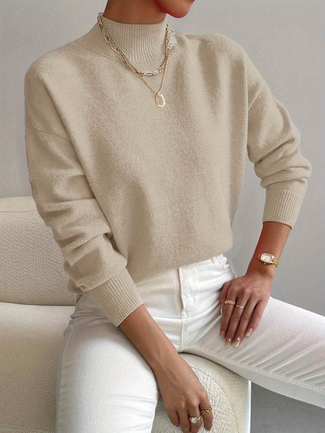 Mock Turtleneck Ribbed Cuffs Collar Sweater