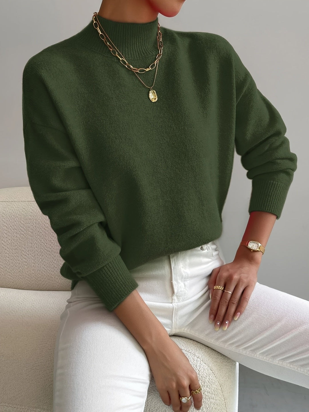 Mock Turtleneck Ribbed Cuffs Collar Sweater