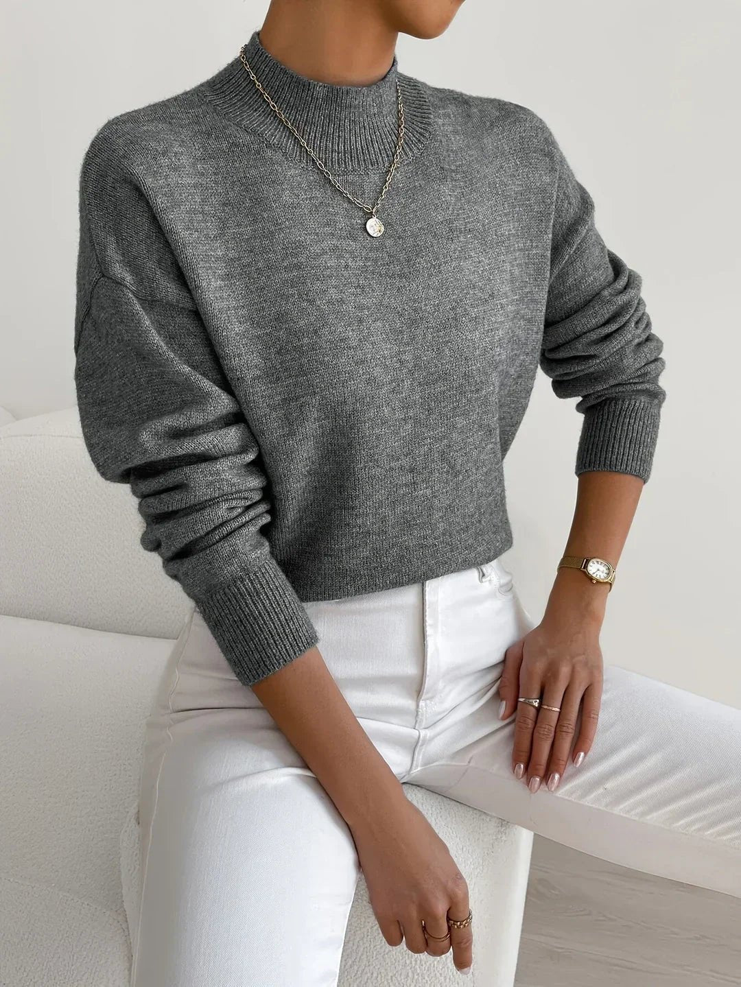Mock Turtleneck Ribbed Cuffs Collar Sweater