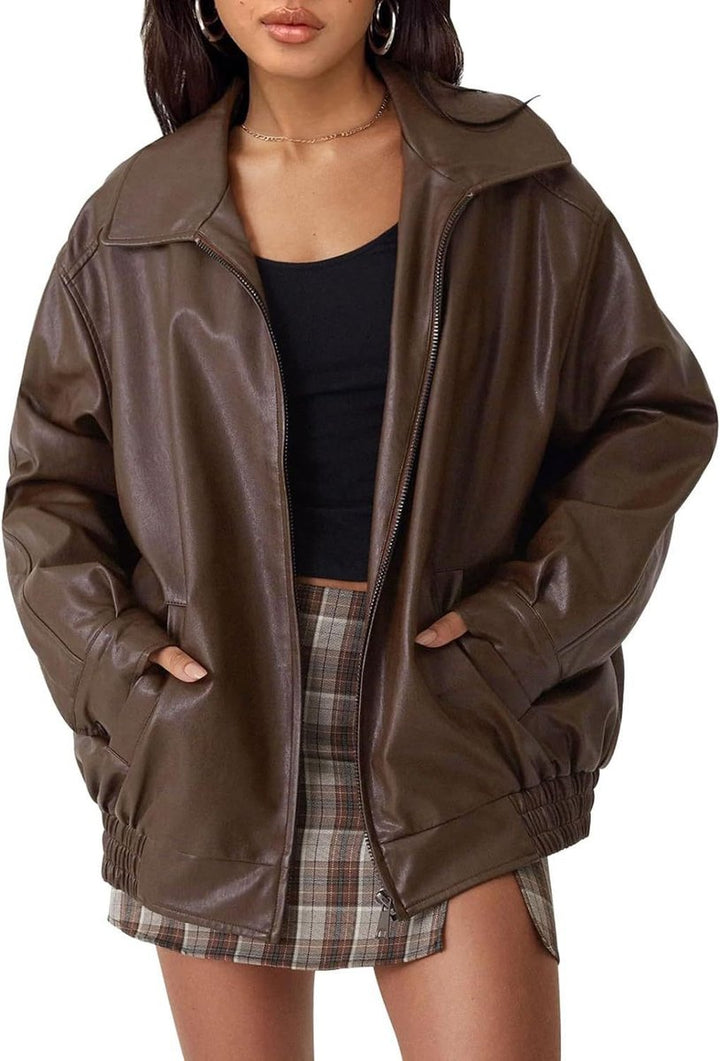 Carmen | Oversized Faux Leather Bomber Jacket