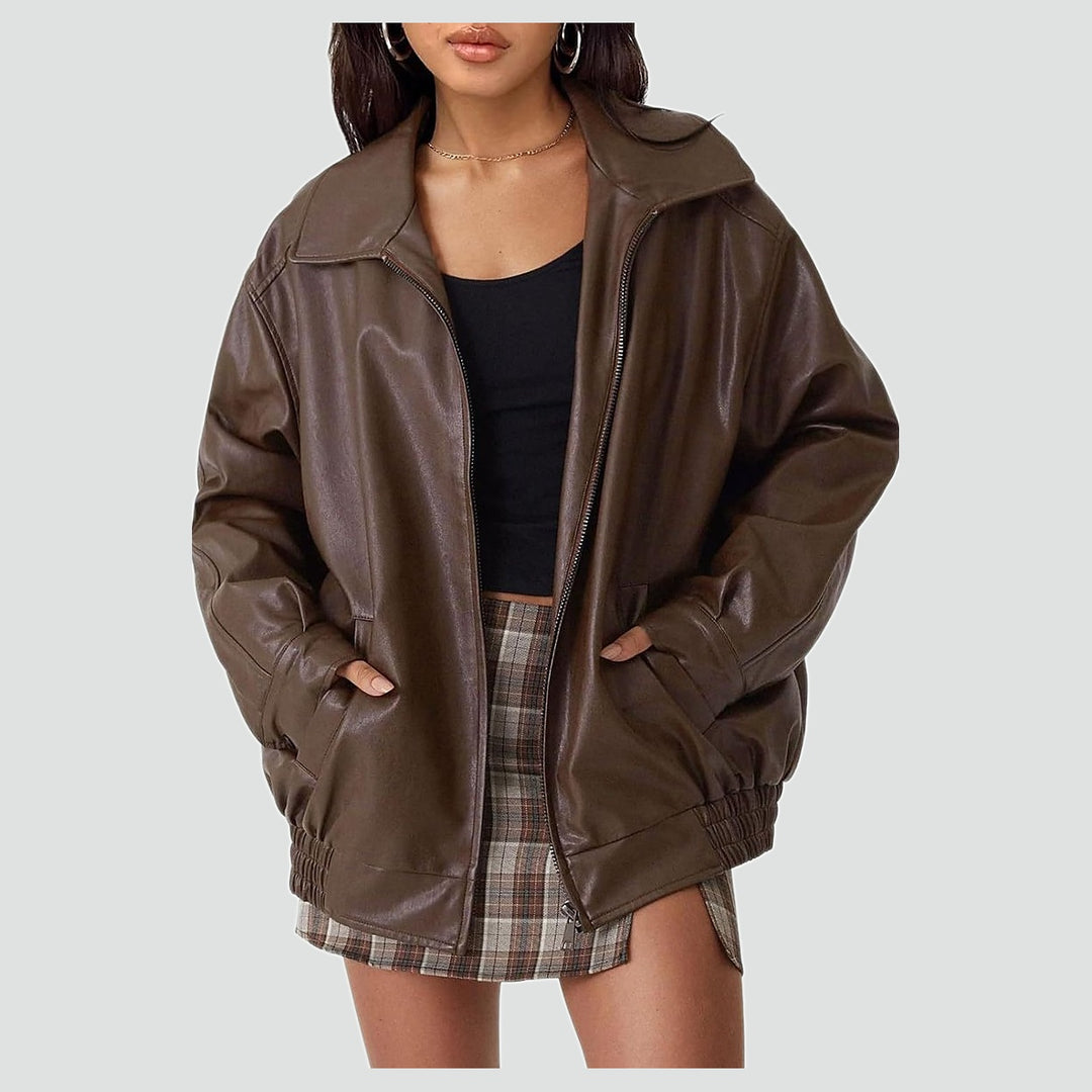 Leather Bomber Jacket for Women | Oversized Zip-Up