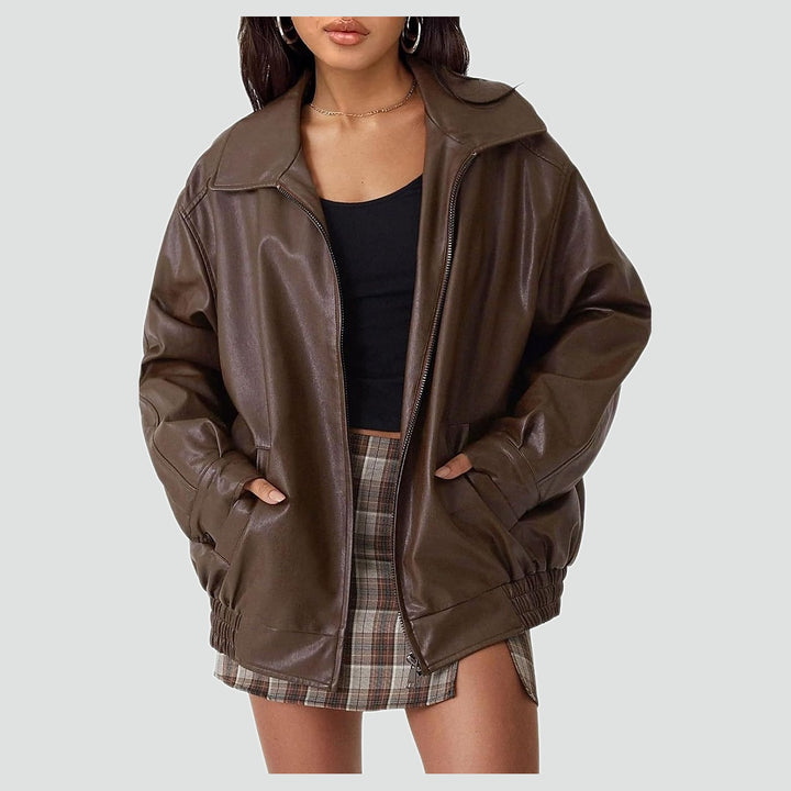 Leather Bomber Jacket for Women | Oversized Zip-Up