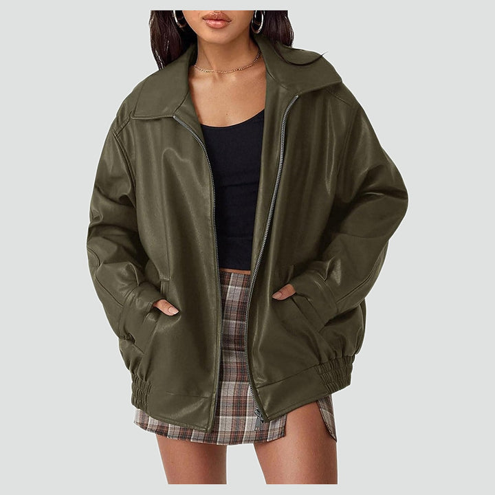 Leather Bomber Jacket for Women | Oversized Zip-Up