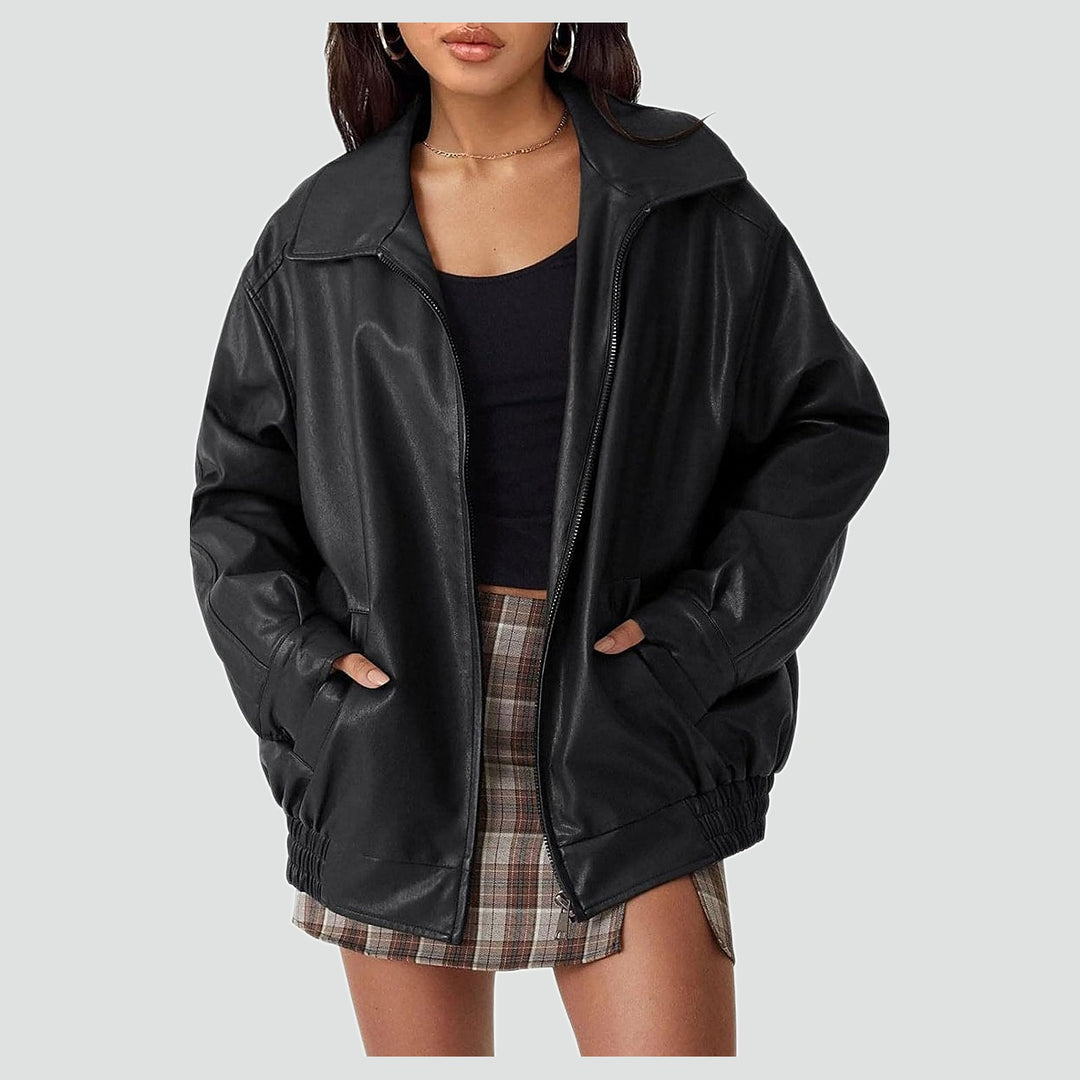 Leather Bomber Jacket for Women | Oversized Zip-Up