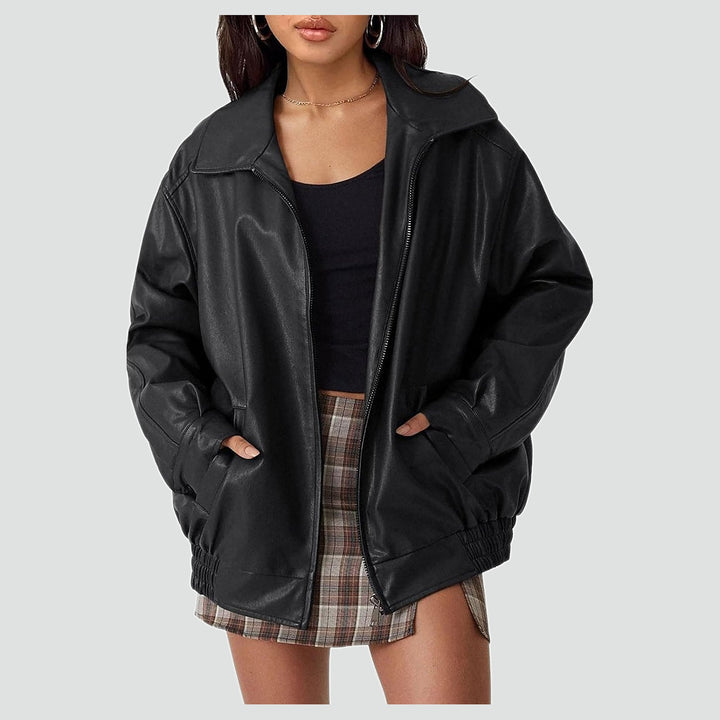 Leather Bomber Jacket for Women | Oversized Zip-Up