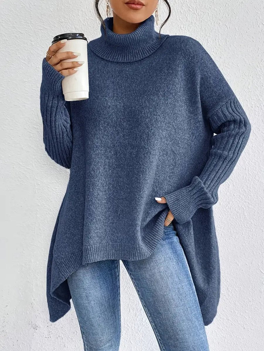 Oversized Ribbed Turtleneck High-Low Hem Sweater