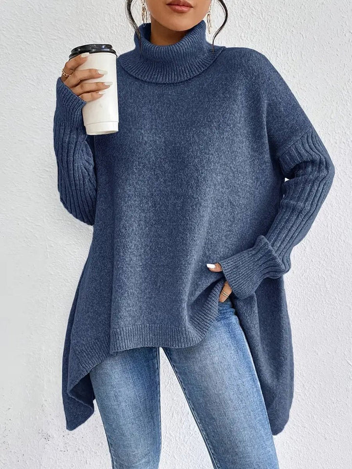 Oversized Ribbed Turtleneck High-Low Hem Sweater