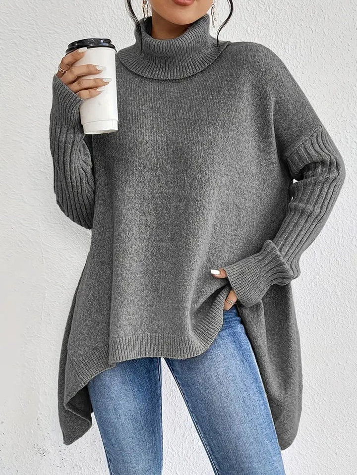 Oversized Ribbed Turtleneck High-Low Hem Sweater