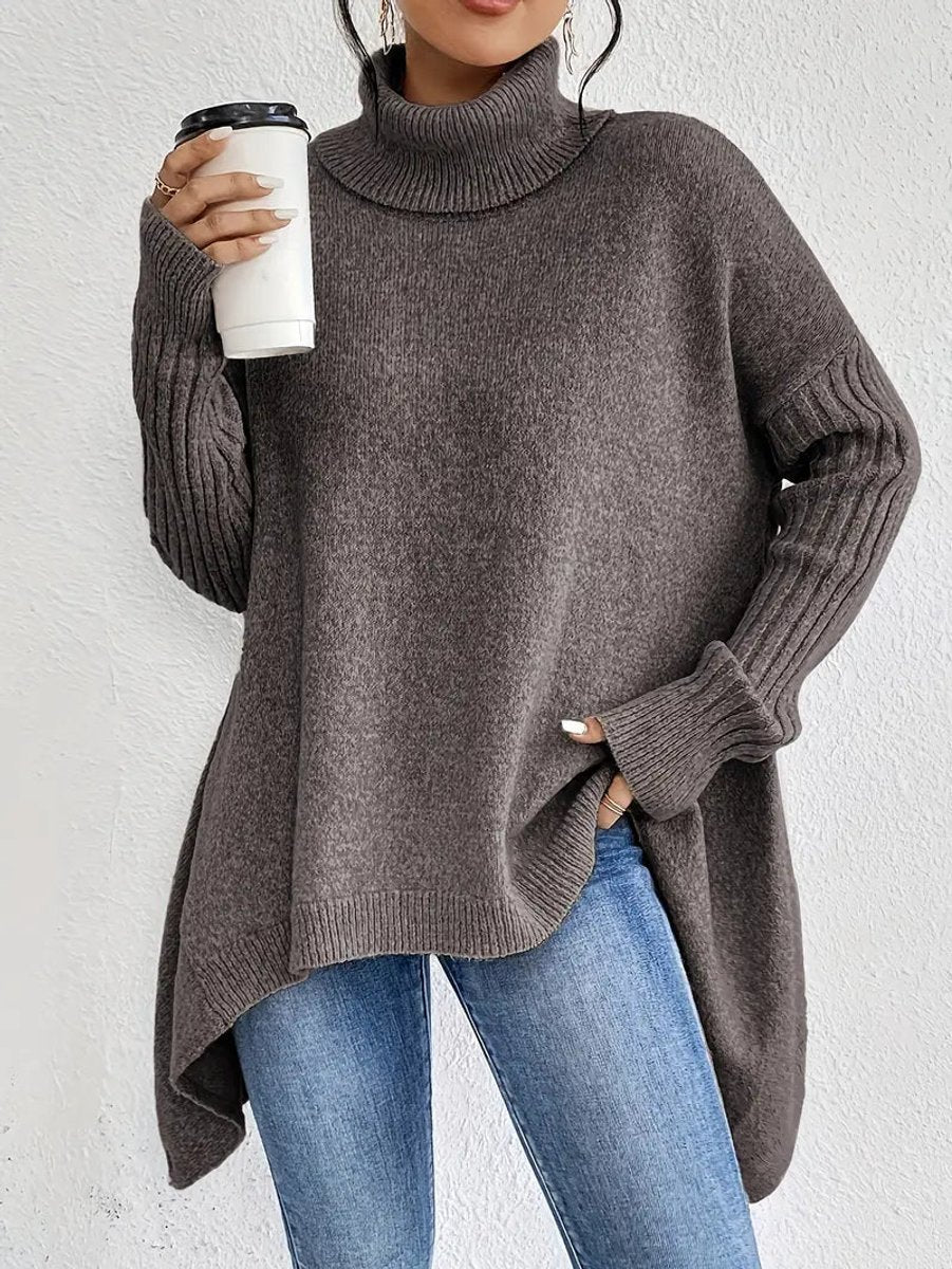 Oversized Ribbed Turtleneck High-Low Hem Sweater