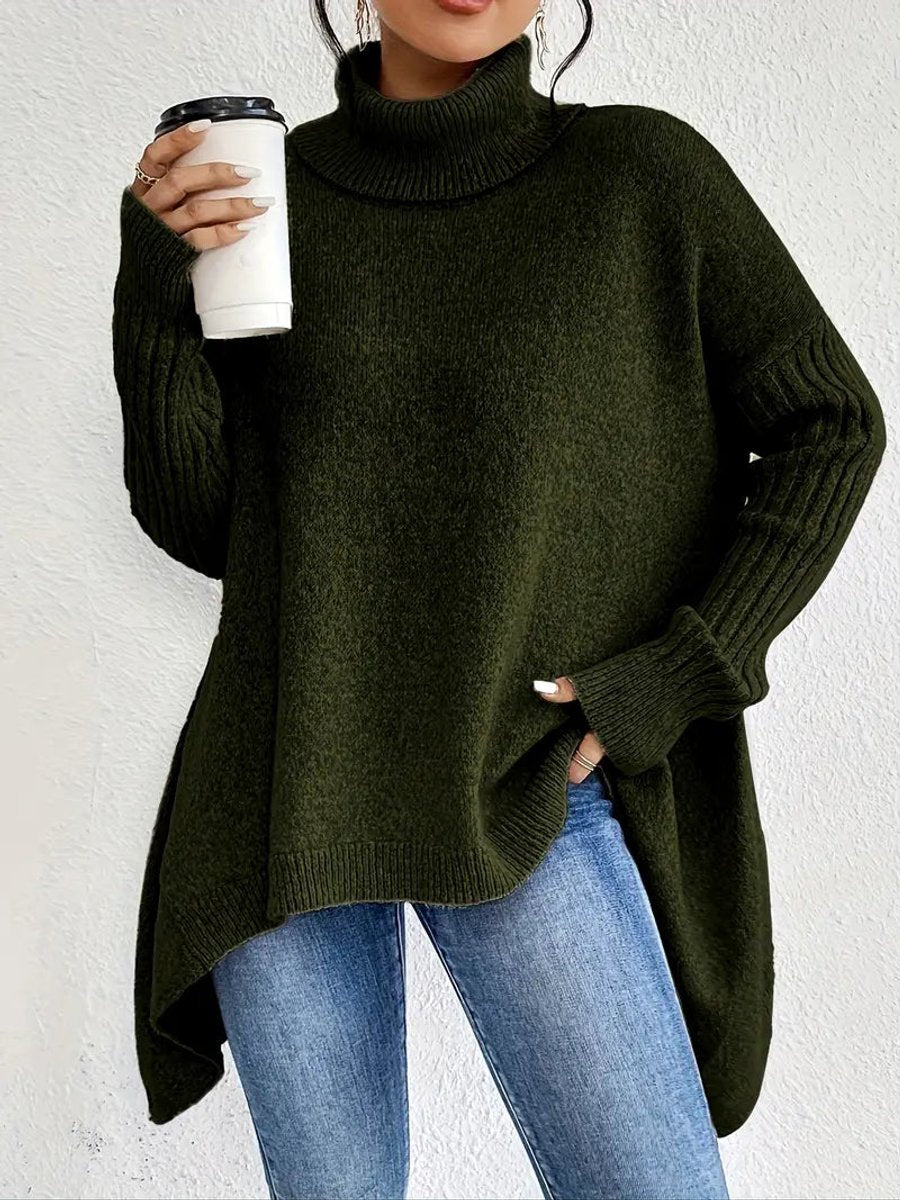 Oversized Ribbed Turtleneck High-Low Hem Sweater