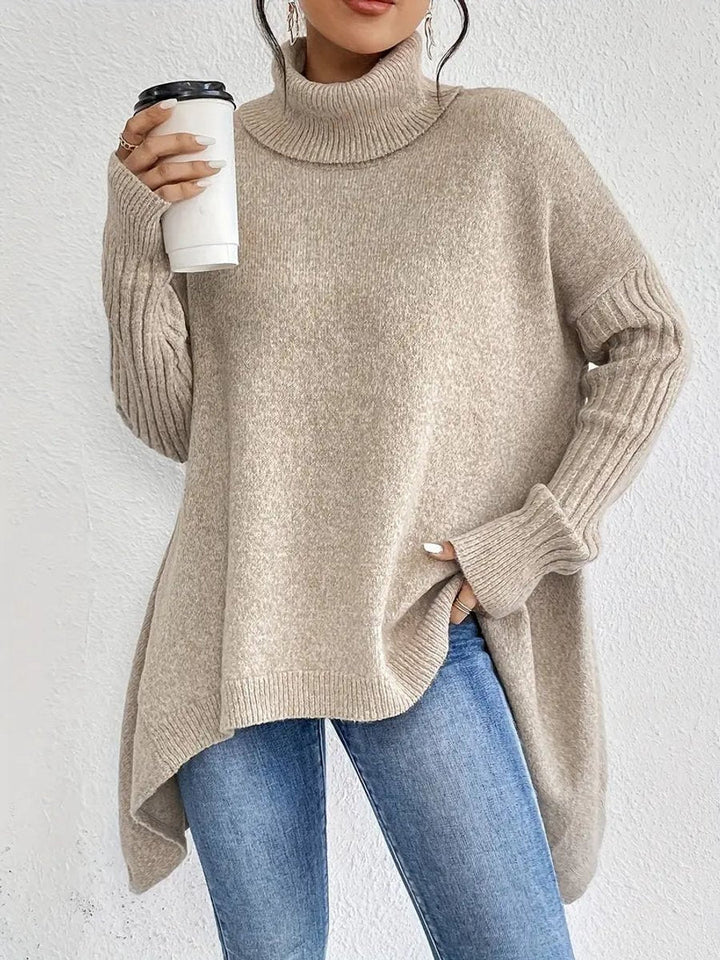 Oversized Ribbed Turtleneck High-Low Hem Sweater