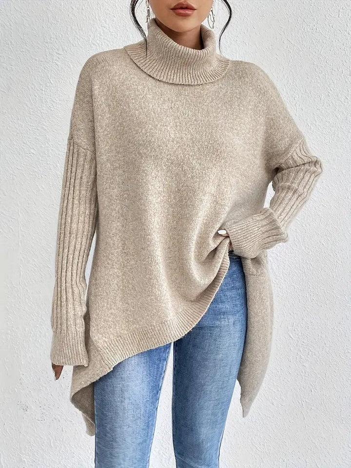 Oversized Ribbed Turtleneck High-Low Hem Sweater