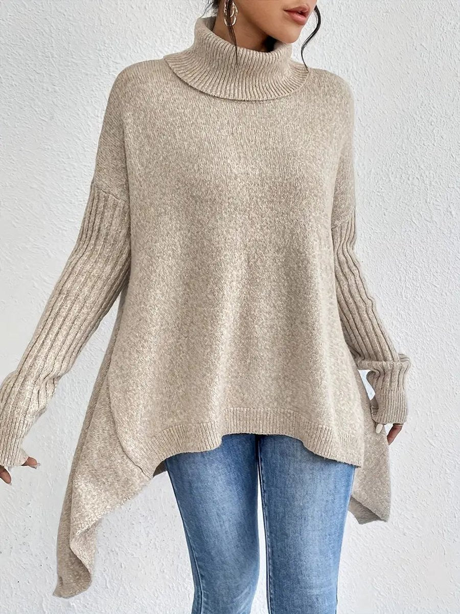 Oversized Ribbed Turtleneck High-Low Hem Sweater