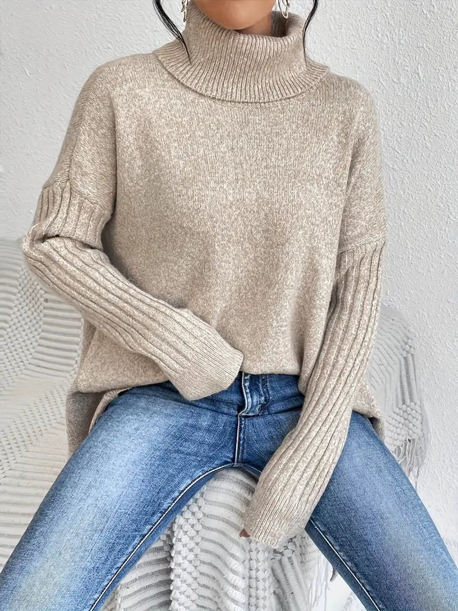 Oversized Ribbed Turtleneck High-Low Hem Sweater