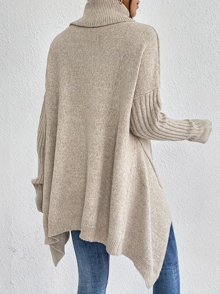 Oversized Ribbed Turtleneck High-Low Hem Sweater