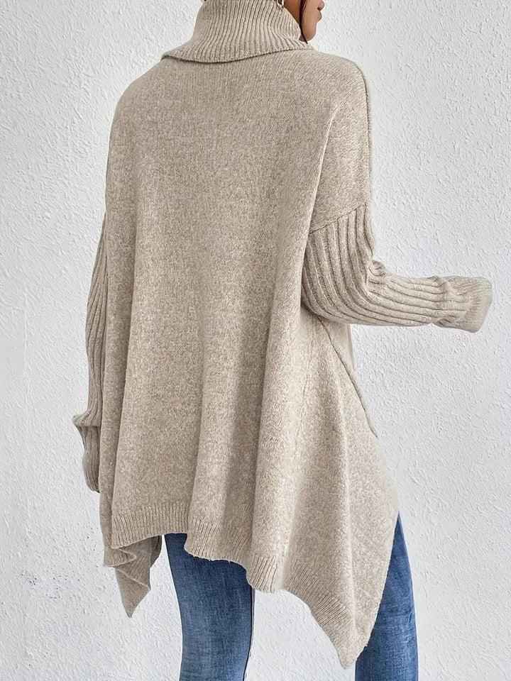 Oversized Ribbed Turtleneck High-Low Hem Sweater