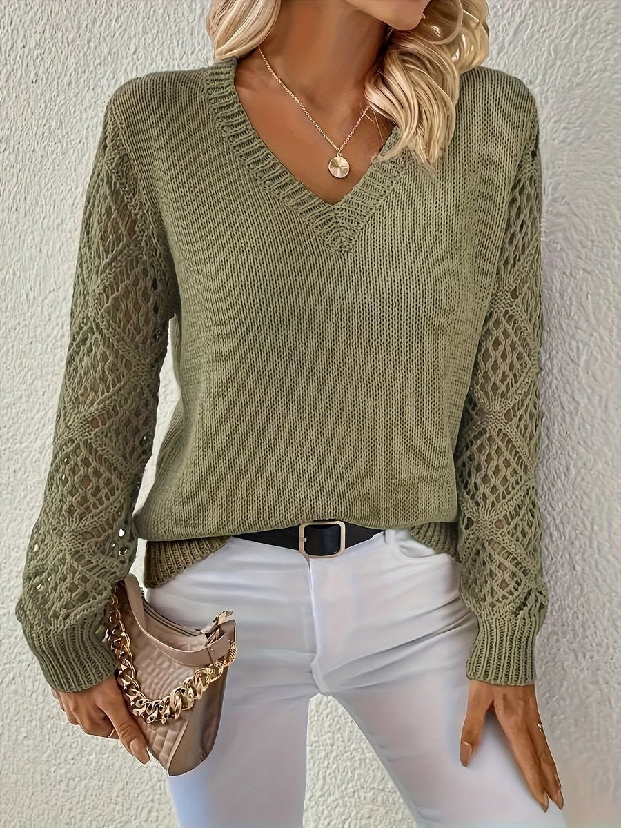 V-Neck Open-Weave Sleeves V-Neckline Sweater