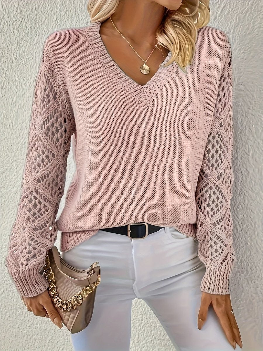 V-Neck Open-Weave Sleeves V-Neckline Sweater